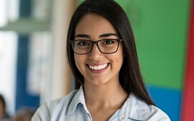 Woman glasses smiling happily